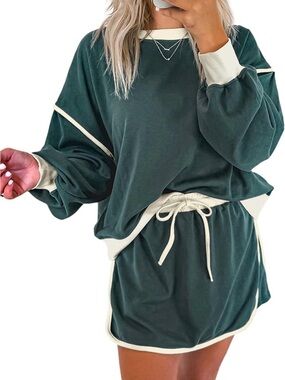 Women’s Dark Green Knit Drawstring Mini Skirt Set - Casual Crewneck